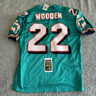 Photo of NWT 1998 Starter NFL Miami Dolphins Shawn Wooden Autographed Jersey 52 JSA COA