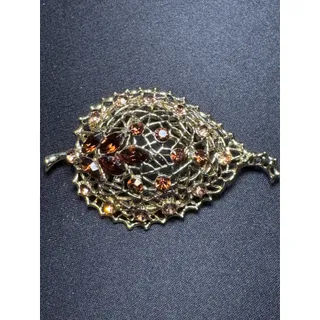Photo of Vintage Statement Leaf Brooch Filigree & Rhinestones Mid Century