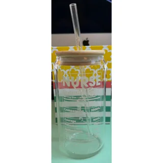 Photo of NEW Nurse Nutrition Facts Glass Cup with Lid & Straw