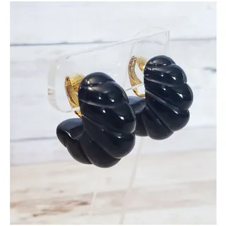 Photo of Vintage Clip On Earrings - Chunky Ribbed Black Hoops Large 1 & 1/8" Statement