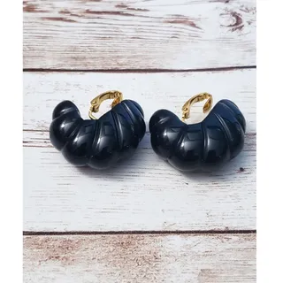 Photo of Vintage Clip On Earrings - Chunky Ribbed Black Hoops Large 1 & 1/8" Statement