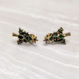 Photo of Vintage Clip On Earrings Gold Tone, Green & Red Christmas Tree