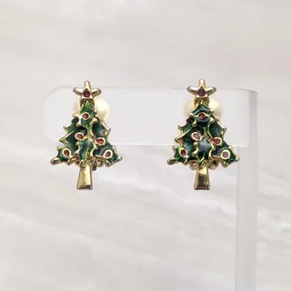 Photo of Vintage Clip On Earrings Gold Tone, Green & Red Christmas Tree