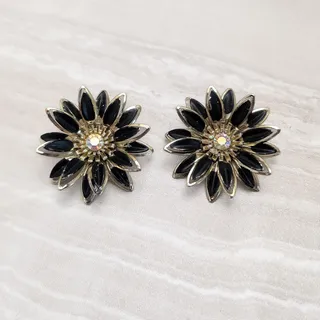 Photo of Vintage Clip On Earrings Extra Large 1.5" Gold Tone, Black, Iridescent Flower