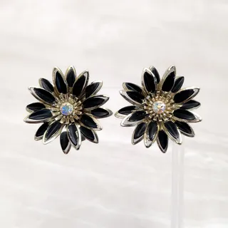 Photo of Vintage Clip On Earrings Extra Large 1.5" Gold Tone, Black, Iridescent Flower