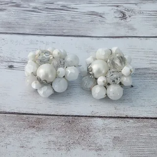 Photo of Vintage Clip On Earrings 1 & 1/8" Beaded Cluster Cream/Off White