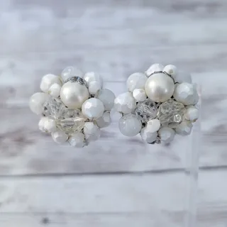 Photo of Vintage Clip On Earrings 1 & 1/8" Beaded Cluster Cream/Off White