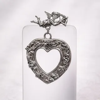 Photo of Vintage Danecraft Brooch Large Silver Tone Heart Flowers Cupid Love Cherub