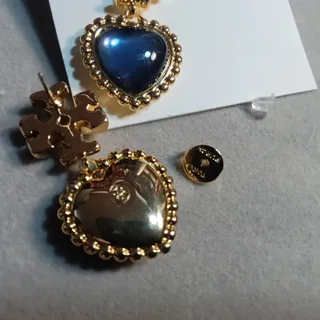 Photo of Tory Burch Roxanne Heart Earrings Gold & Blue Signed Logo Dangle NWT