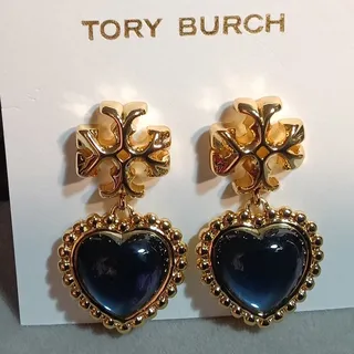 Photo of Tory Burch Roxanne Heart Earrings Gold & Blue Signed Logo Dangle NWT