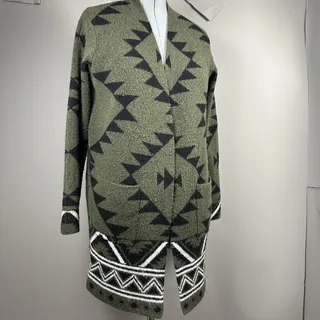 Photo of Frye Medium Open Front Cardigan Sweater Olive Black Aztec Southwestern