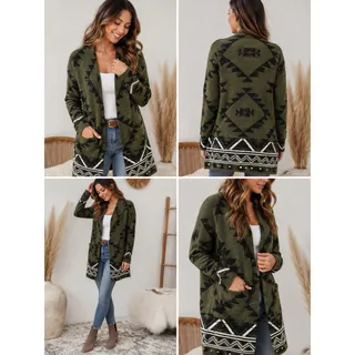 Photo of Frye Medium Open Front Cardigan Sweater Olive Black Aztec Southwestern