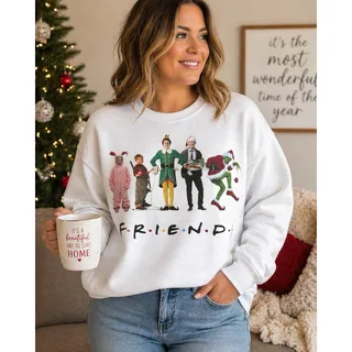 Photo of Friends Style Christmas Sweatshirt Grinch Elf Movie Graphic White Crewneck M