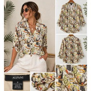 Photo of Alfani Toucan Bird Print Blouse Women’s Size 6 Tropical Button Front Top