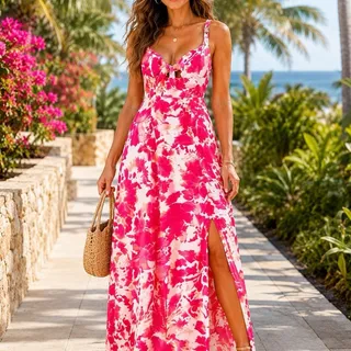Photo of DKNY Pink Floral Maxi Dress Women Size 8 Tie Front Tropical Resort Vacation