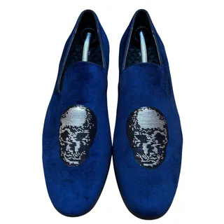 Photo of Inc Nova Mens 13M Sequin Skull Graphic Blue Velvet Loafer Slipper Shoes