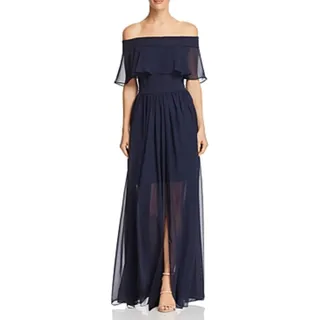Photo of AQUA Blue Evening Gown Chiffon Off the Shoulder A-Line High Low Dress Size 4