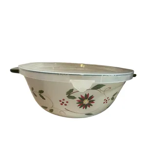 Photo of Temptations Ceramic 2Qt Old World green red christmas holiday Mixing Bowl w/ lid