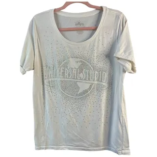 Photo of Universal Studios spangled sparkle scoop neck t-shirt white silver rolled cuff L