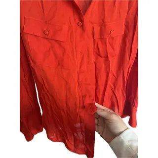 Photo of J.CREW red button up long sleeve shirt 100% silk semi sheer size 2