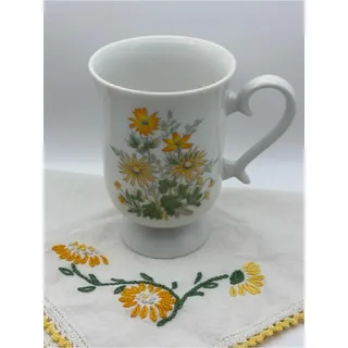 Photo of Vintage 1970s Pedestal Coffee Mug or Teacup with Yellow and Orange Floral Design