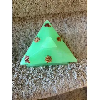 Photo of Vintage jade colored glass triangle bowl with lid and gold decorations