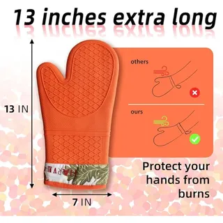 Photo of Pair of 2 Heat-Resistant Silicone Oven Mitts, Extra Long, Non-Slip Grip- Pumpkin
