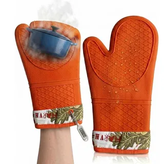 Photo of Pair of 2 Heat-Resistant Silicone Oven Mitts, Extra Long, Non-Slip Grip- Pumpkin