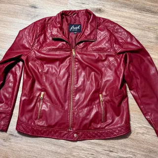 Photo of Fresh New York Red Faux Leather Moto Jacket Women’s M Quilted Biker Gold Zip