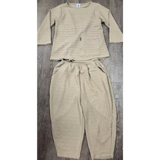 Photo of Inoah Crinkle Tan Beige Shirt Crop Pants Outfit Matching Set Small