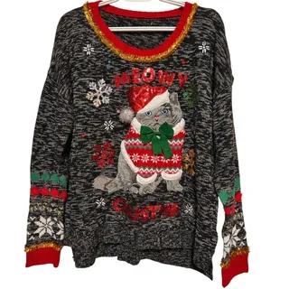 Photo of Women’s Black White Meowy Christmas Cat Pullover Sweater Snowflakes Size XL