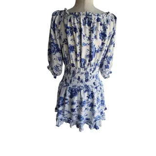 Photo of MUNJIC Blue White Floral Off Shoulder Smocked Waist Puff Sleeve mini dress S