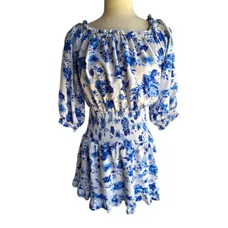 Photo of MUNJIC Blue White Floral Off Shoulder Smocked Waist Puff Sleeve mini dress S