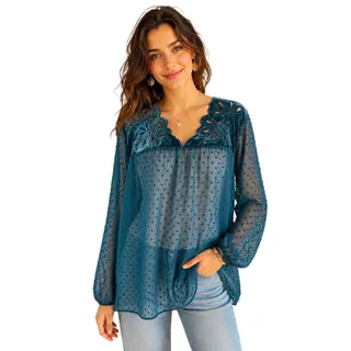 Photo of Style & Co Sheer Chiffon Polka Dot Embroidered V-Neck Blouse Blue XL