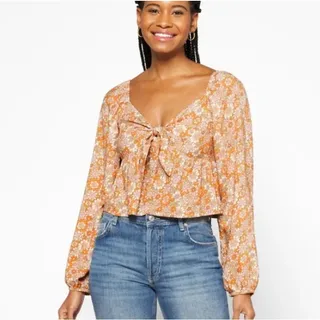 Photo of Daisy & Delilah (M) Floral Smocked Long Sleeve Peasant Top Tie Front Crop Blouse