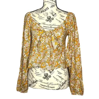 Photo of Daisy & Delilah (M) Floral Smocked Long Sleeve Peasant Top Tie Front Crop Blouse