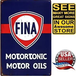 Photo of Metal Tin Petroliana Sign • FINA Motortonic Motor Oils • Red, White, & Blue