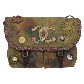 Photo of Chanel Embroidery Graffiti CC Canvas Leather Shoulder Bag Khaki