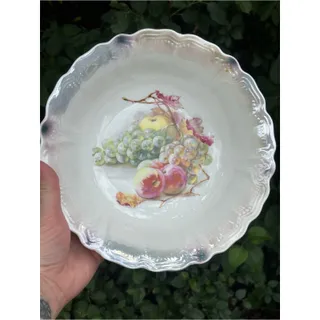 Photo of Antique German Porcelain Lusterware Serving Bowl with Hand-Painted Fruit Motif