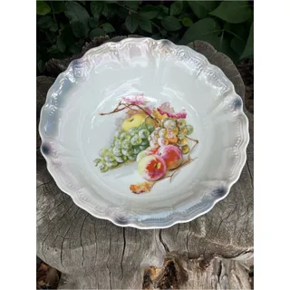 Photo of Antique German Porcelain Lusterware Serving Bowl with Hand-Painted Fruit Motif