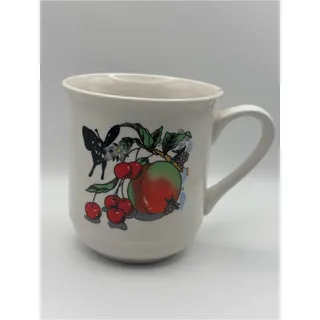 Photo of Vintage Porcelain Mug, Cherry Peach Butterfly Print, Glazed Coffee Cup