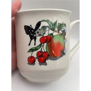 Photo of Vintage Porcelain Mug, Cherry Peach Butterfly Print, Glazed Coffee Cup