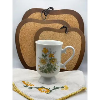 Photo of Set of 3 Vintage Apple Shaped Corkboard and Wood Trivets Kitchen Decor