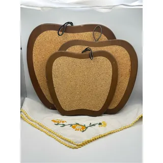 Photo of Set of 3 Vintage Apple Shaped Corkboard and Wood Trivets Kitchen Decor
