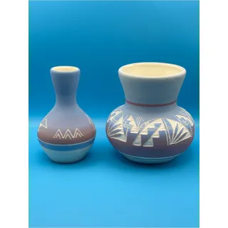 Photo of Vintage Navajo Native American Pottery Vase in Blue and Pink with Etched Designs