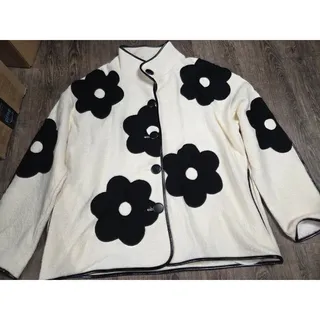 Photo of ORLY Cream Black Felt Flowers Hillary Coat Jacket Wool Blend Large Boutique