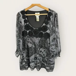 Photo of ICE Vintage Women XL Black Sheer 3/4 Sleeve Floral Blouse WhimsyGoth Feminine
