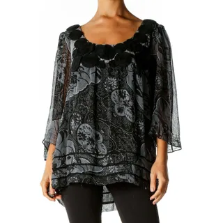 Photo of ICE Vintage Women XL Black Sheer 3/4 Sleeve Floral Blouse WhimsyGoth Feminine