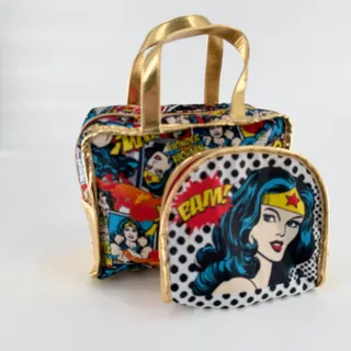 Photo of LONDON SOHO NEW YORK Wonder Woman Comic Print Makeup Bag Set Gold Trim 2 Piece