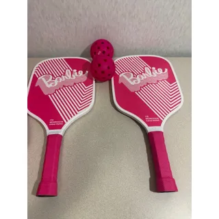 Photo of Barbie 5 Piece Pickleball Set 2 Wood Paddles 2 Balls Carry Case Pink NWT